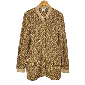 St John Sport Womens Tweed Long Cardigan Jacket Sz Small Tan Button Up Pockets